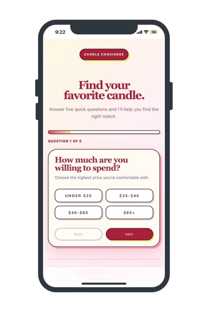 Candle quiz on iPhone screen. Question reads: "How much are you willing to spend?" with various options.